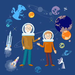 Education astronomy lesson teacher and schoolboy back to school