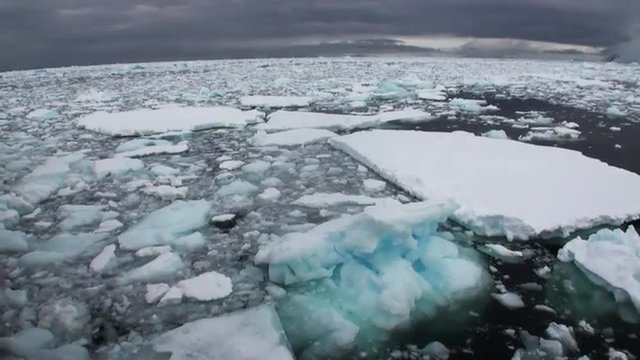 Ice and small icebergs floats on the ocean surface in the Antarctica. Amazing beautiful views of Nature and landscape of snow, ice and white of Antarctic. Global Warming.