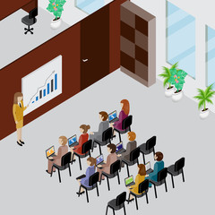 Office Interior And People 3D Isometric Concept-Vector Illustration.People Collection.Abstract Office Floor Interior Departments.Businesspeople Sitting At Seminar And Working On Laptop