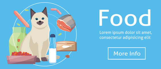 Pet cat food. Cat with cat foods concept on banners. flat design eps10. Vector. Cartoon illustration.