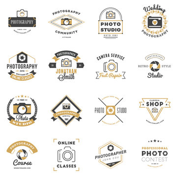Set of Photography Logo Design Templates. Photography Retro Badges and Labels. Black and Golden Colors. Wedding Photography. Photo Studio. Camera Shop. Photography Community