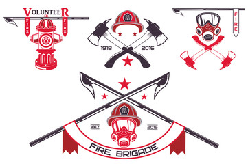 Set of firefighter emblems, labels, badges and logos on light background. Monochrome style.vector illustration - obrazy, fototapety, plakaty