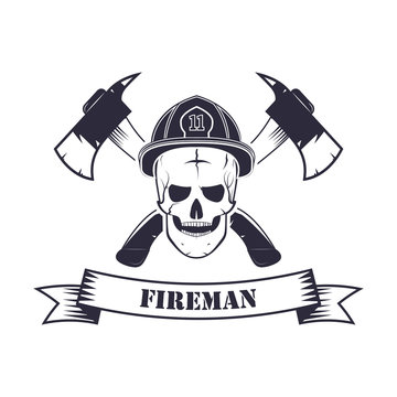 firefighter emblems, skull in fire helme, labels, badges and logos on light background. Monochrome style.vector illustration