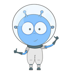 alien in the suit. hands up. thumbs up, shows class.