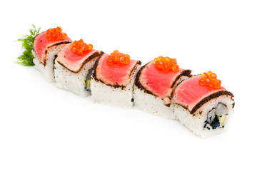 Pieces of sushi with a meat and caviar