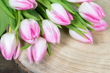 Fresh Pink Tulips bunch on wood