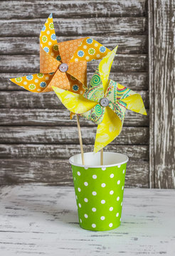 Homemade paper pinwheel . Vintage and rustic style