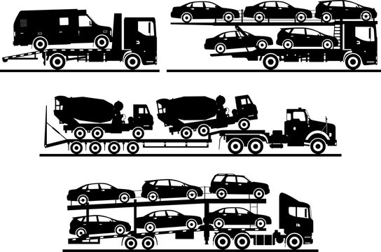 Set of different silhouettes auto transporters isolated on white background. Vector illustration.