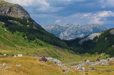 Fototapeta na wymiar View of family farm on countryside near Rikavacko lake in Komovi mountains, Montenegro