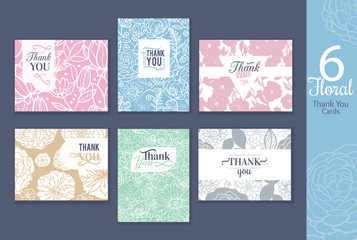 Six floral wedding thank you cards set with elegant text design, repeat pattern backgrounds perfect for any ocasion.