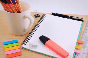 Office table desk with set of Office Stationery or Math Supplies.