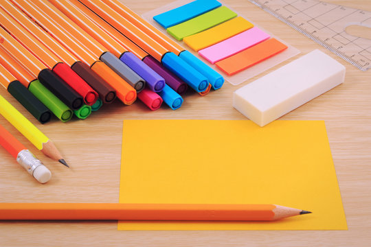 Office Table Desk With Set Of Office Stationery Or Math Supplies.