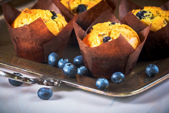 Delicious Looking Blueberry Muffin On A Vintage Old Metal Tray.