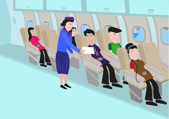 Illustration of an interior of an airplane with  passengers and flight attendant. Editable Clip Art.
