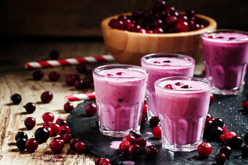 Pink smoothies with milk, black currants and cranberries, fresh