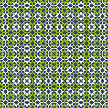 Seamless pattern with white and green stars on blue background