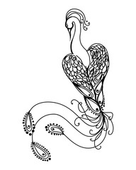 Graphic image of a magical bird. The pattern of black lines on a white background. Vector illustration