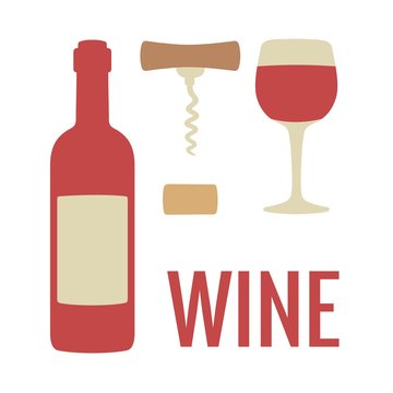 Set wine icon. Bottle, glass of wine, cork, corkscrew. Vector flat illustration. For web, info graphics.