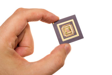 Microprocessor in hand isolated on white