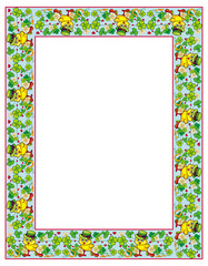 Clover frame and funny yellow chick in green hat. Vector clip art.