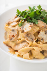 Pasta with creamy sauce, mushrooms and paprika close up.