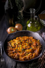 Stewed cabbage  in a vintage frying pan