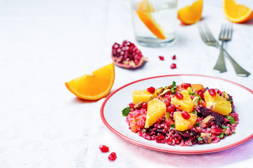 Quinoa chilantro beet pistachio pomegranate salad