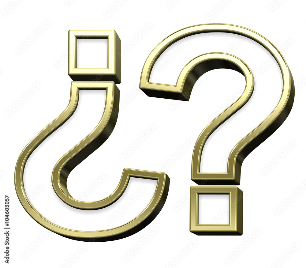 Fototapete question mark sign from white with gold shiny frame alphabet set, isolated on white. computer genera