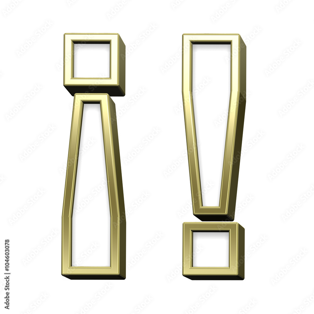 Fototapete Exclamation mark sign from white with gold shiny frame alphabet set, isolated on white. Computer generated 3D photo rendering.