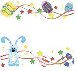 Background with hanging eggs, rabbits and landscape, vector illustration.