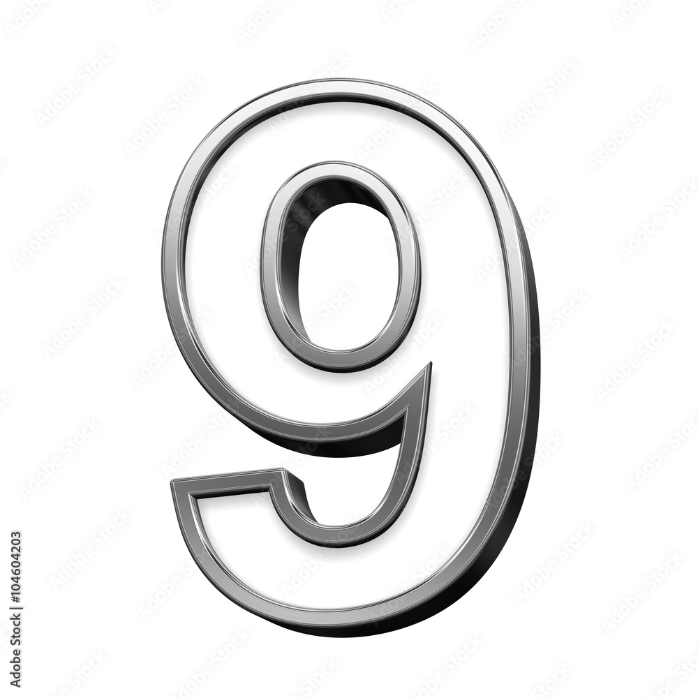 Fototapete one digit from white with silver shiny frame alphabet set, isolated on white. computer generated 3d 