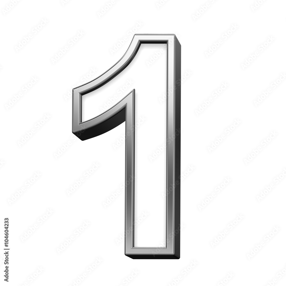 Fototapete one digit from white with silver shiny frame alphabet set, isolated on white. computer generated 3d 