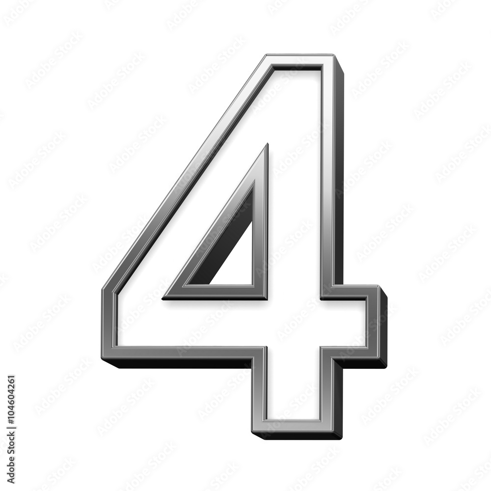 Fototapete One digit from white with silver shiny frame alphabet set, isolated on white. Computer generated 3D photo rendering.