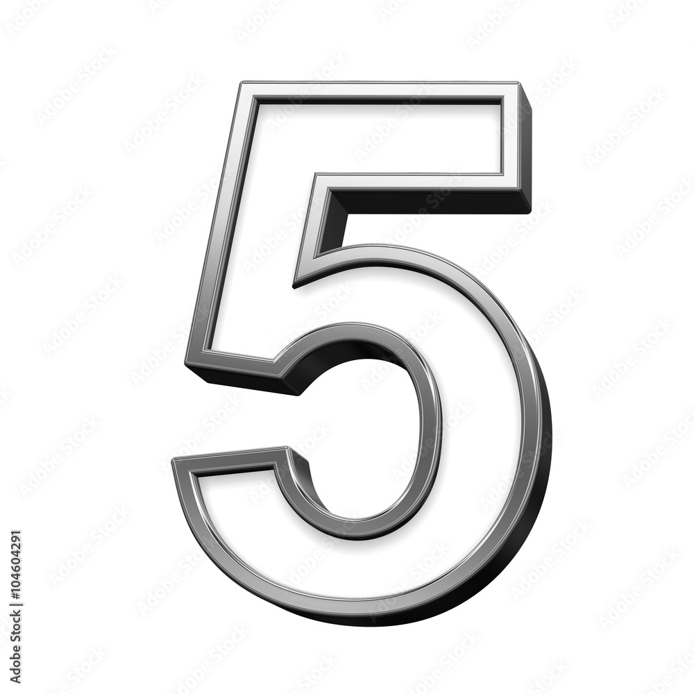 Fototapete one digit from white with silver shiny frame alphabet set, isolated on white. computer generated 3d 