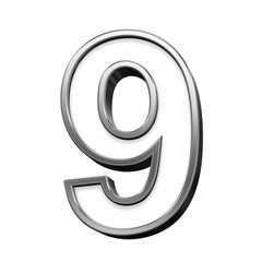 One digit from white with silver shiny frame alphabet set, isolated on white. Computer generated 3D photo rendering.