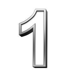 One digit from white with silver shiny frame alphabet set, isolated on white. Computer generated 3D photo rendering.