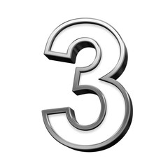 One digit from white with silver shiny frame alphabet set, isolated on white. Computer generated 3D photo rendering.