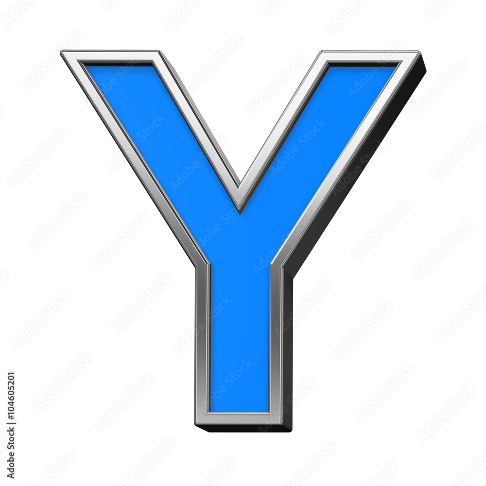Fototapete one letter from blue with silver shiny frame alphabet set, isolated on white. computer generated 3d 