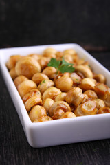 fried mushrooms(champignon) with the marinade of mustard, honey and garlic