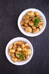 fried mushrooms(champignon) with the marinade of mustard, honey and garlic