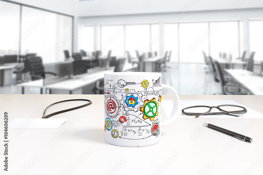 Aufkleber Cup with business scheme print and badge on the table in open sp