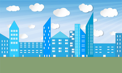 Obraz premium Illustrated city panorama with sky, clouds, skyscrapers and green field