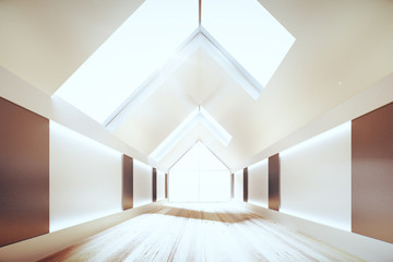 Modern room interior with triangle ceiling and wooden floor, 3D