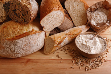 Assortment of fresh baked bread on the table, close-up
