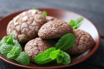 Chocolate chip cookie with mint on plate, closeup
