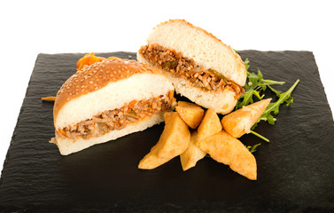 Sloppy Joe Minced Meat Sandwich with French Fries and Green Sala