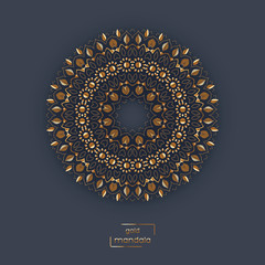 Ornamental gold card with flower oriental mandala on dark background. Ethnic vintage pattern. Indian, asian, arabic, islamic, ottoman motif. Vector illustration.
