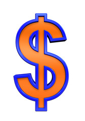 Obraz premium Dollar sign from orange glass with blue frame alphabet set, isolated on white. Computer generated 3D photo rendering.