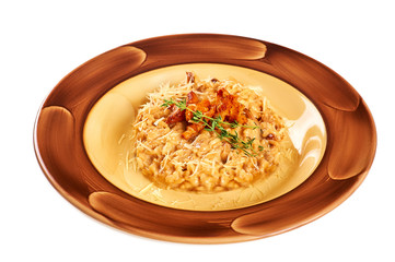 Italian risotto with mushrooms and grated cheese. Isolated on wh