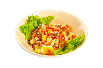 Classic German potato salad with jerked sausage and vegetables.
